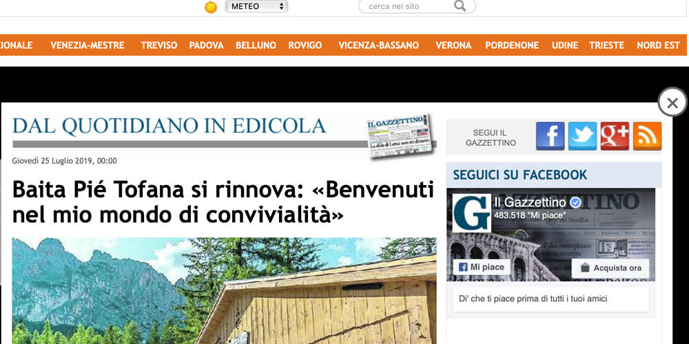 Gazzettino di Belluno - Rassegna stampa - Ristorante Baita Piè Tofana - Cortina d’Ampezzo